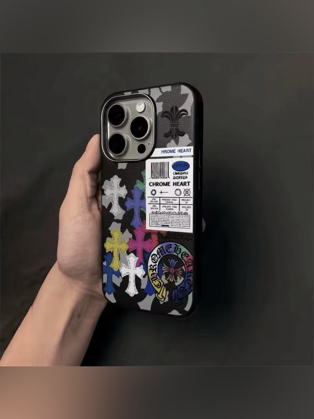Chrome Hearts Black iPhone Case with Multicolor Cross Accents